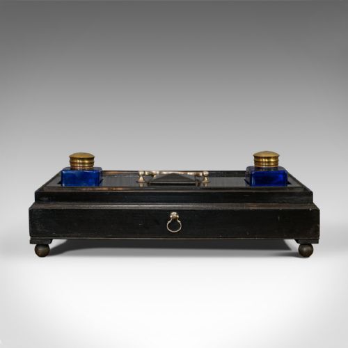 fig 1. Antique Double Ink Well, English, Mahogany, Desk Tidy, Aesthetic Period, 1880