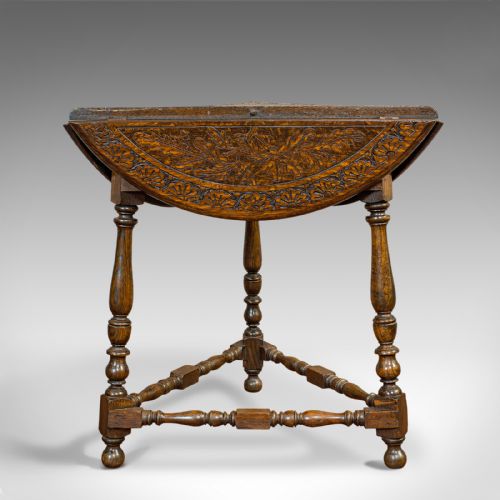 fig 4. Antique Cricket Table, English, Oak, Drop Leaf, Lamp, Occasional, Edwardian