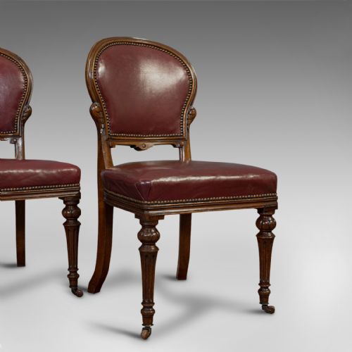 Pair of Antique Chairs, Walnut, Leather, Seat, Doveston, Bird & Hull, Victorian