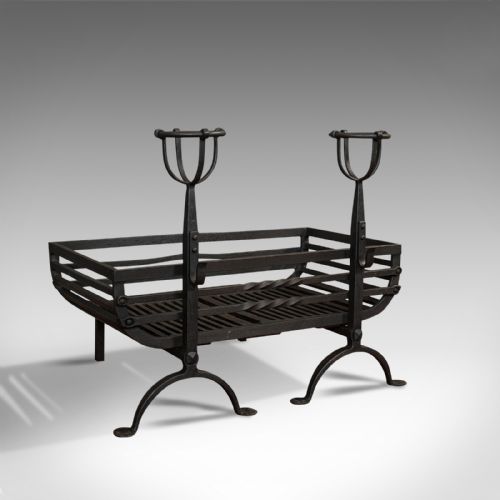 Antique Fire Basket, Pair of Andirons, English, Iron, Fireside, Victorian, 1900