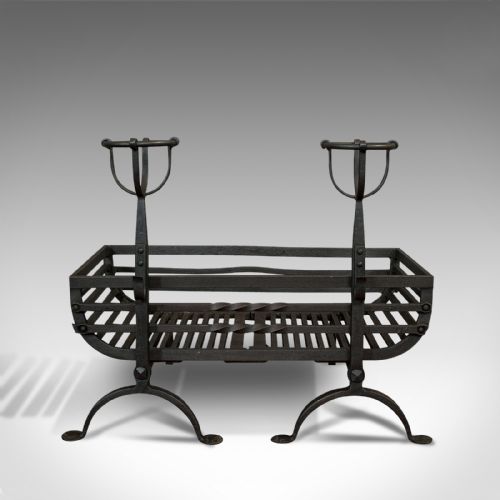 fig 1. Antique Fire Basket, Pair of Andirons, English, Iron, Fireside, Victorian, 1900