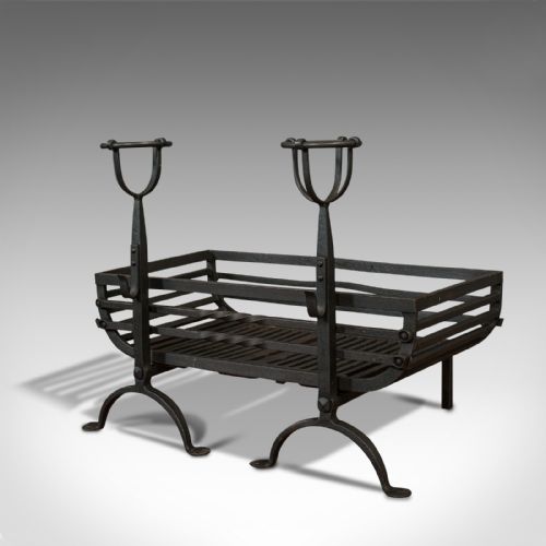 fig 2. Antique Fire Basket, Pair of Andirons, English, Iron, Fireside, Victorian, 1900