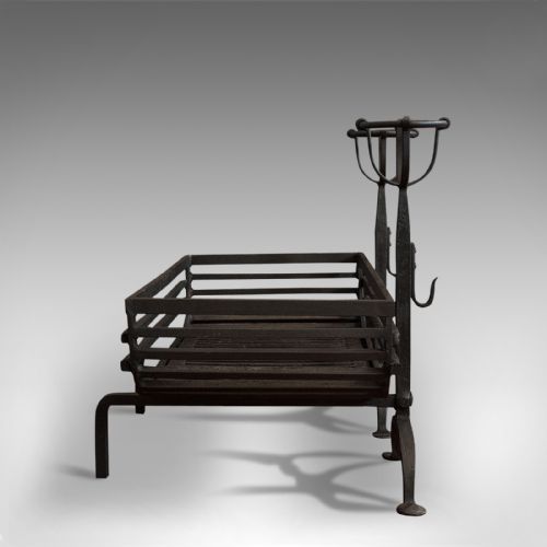 fig 3. Antique Fire Basket, Pair of Andirons, English, Iron, Fireside, Victorian, 1900
