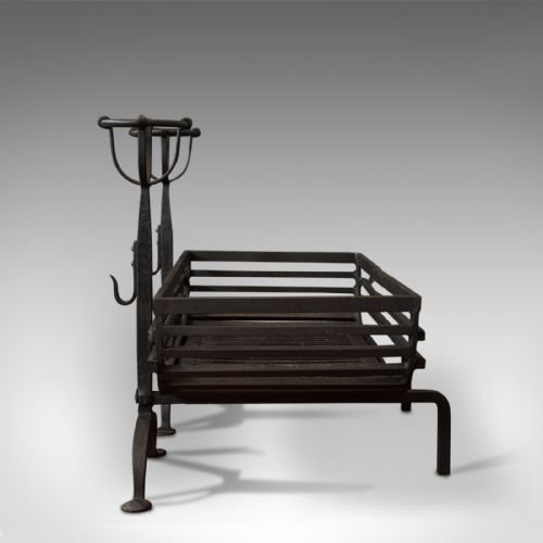 fig 4. Antique Fire Basket, Pair of Andirons, English, Iron, Fireside, Victorian, 1900