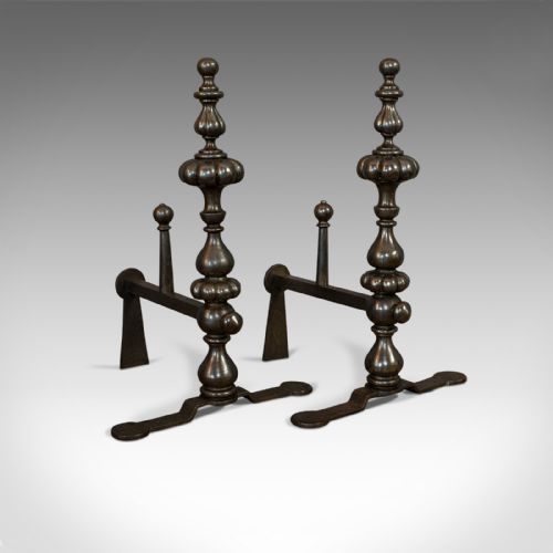 Pair of Antique Decorative Fire Rests, Wrought Iron Fireside Andirons, Victorian