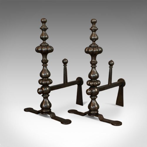 fig 2. Pair Of Antique Decorative Fire Rests, Wrought Iron Fireside Andirons, Victorian