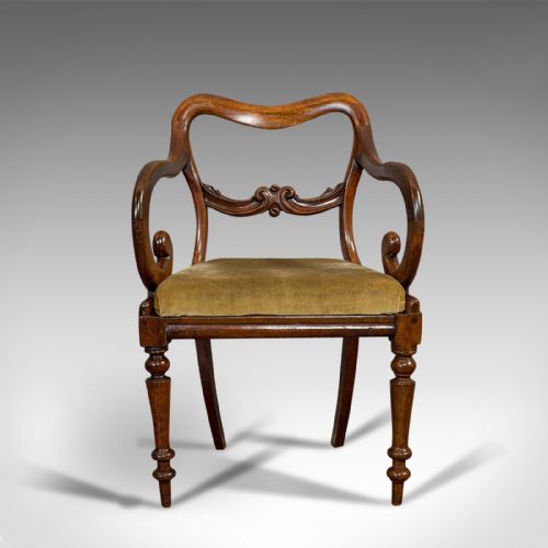 fig 1. Antique Scroll Arm Chair, English, Mahogany, Buckle Back, Seat, William IV, 1835
