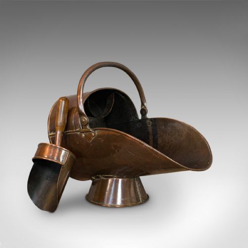 Antique Helmet Coal Scuttle, English, Copper, Fireside Bucket, Victorian, 1870
