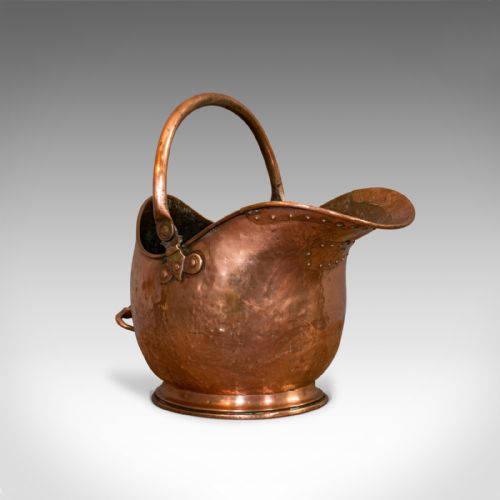 Antique Helmet Scuttle, Copper, Coal, Bucket, Fireside, Bin, Victorian, C.1880