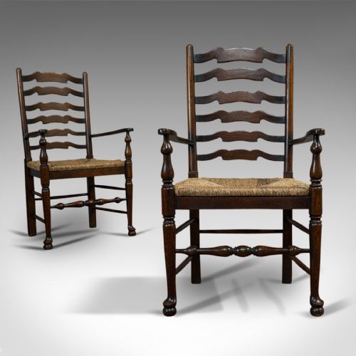 fig 1. Set of 6, Antique Ladderback Dining Chairs, Oak, Rush Seat, Carver, Edwardian