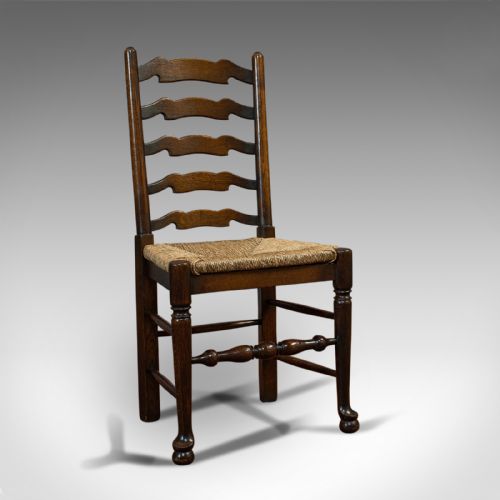 fig 2. Set of 6, Antique Ladderback Dining Chairs, Oak, Rush Seat, Carver, Edwardian