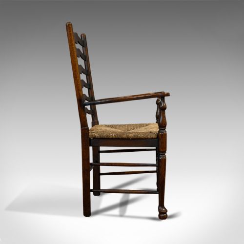 fig 3. Set of 6, Antique Ladderback Dining Chairs, Oak, Rush Seat, Carver, Edwardian