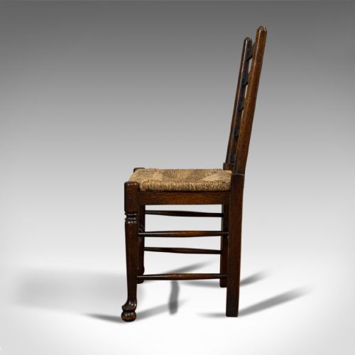 fig 4. Set of 6, Antique Ladderback Dining Chairs, Oak, Rush Seat, Carver, Edwardian