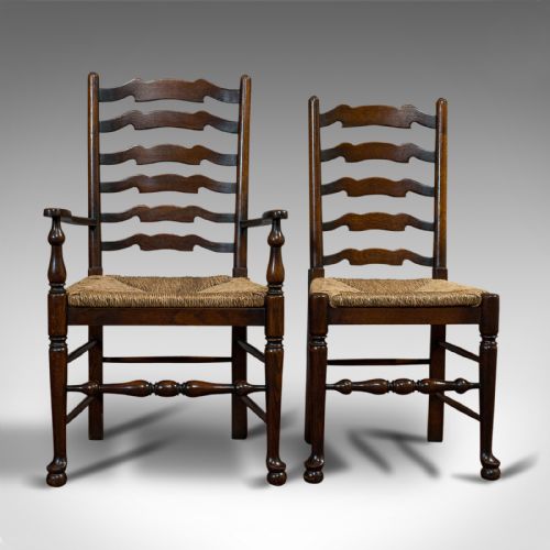 fig 5. Set of 6, Antique Ladderback Dining Chairs, Oak, Rush Seat, Carver, Edwardian