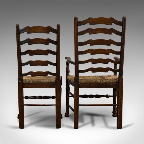 fig 6. Set of 6, Antique Ladderback Dining Chairs, Oak, Rush Seat, Carver, Edwardian