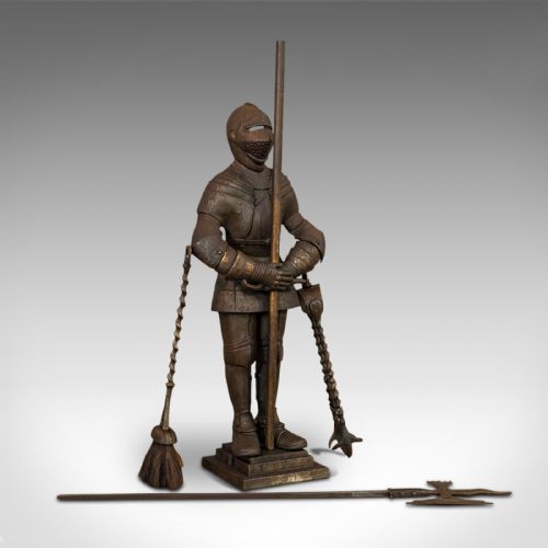 fig 1. Antique Fire Companion, English, Steel, Knight, Fireside Tools, Victorian, 1900