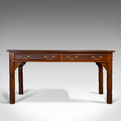 fig 1. Antique Desk, English, Pitch Pine, 2 Drawer, Gothic Revival, Victorian