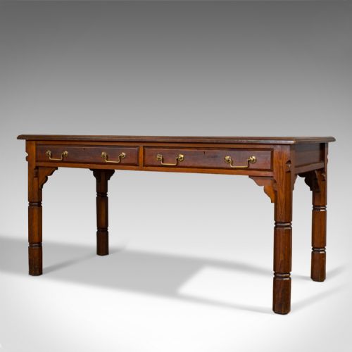 fig 2. Antique Desk, English, Pitch Pine, 2 Drawer, Gothic Revival, Victorian