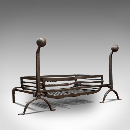 Large Antique Fireplace, English, Wrought Iron, Fire Basket, Andirons, Victorian