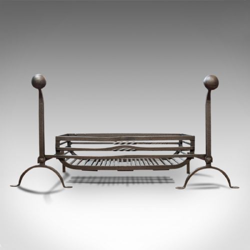 fig 1. Large Antique Fireplace, English, Wrought Iron, Fire Basket, Andirons, Victorian