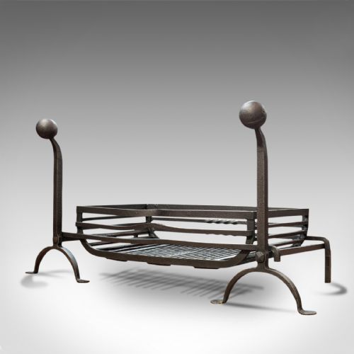fig 2. Large Antique Fireplace, English, Wrought Iron, Fire Basket, Andirons, Victorian