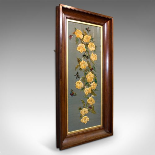 Antique Embroidered Silk Panel, Oriental, Chestnut, Decorative, Victorian, 1900