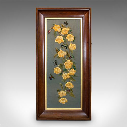 fig 1. Antique Embroidered Silk Panel, Oriental, Chestnut, Decorative, Victorian, 1900