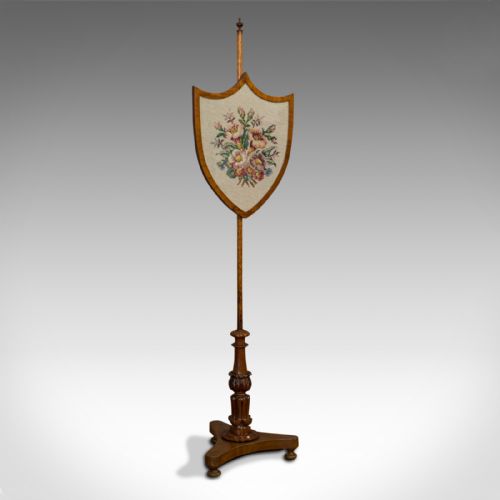 Antique Fireside Pole Screen, English, Walnut, Adjustable, Fire, Victorian, 1900
