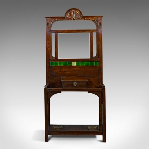 fig 1. Antique Hall Stand, English, Oak, Stick, Coat, Hat, Stand, Edwardian, C.1910