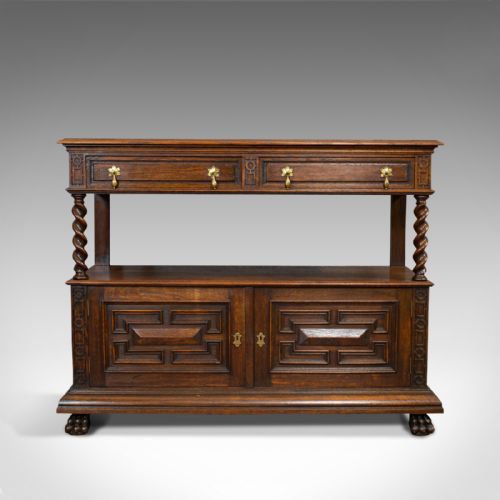 fig 1. Large Antique Buffet, English, Oak, Server, Sideboard, Jacobean Taste, Victorian