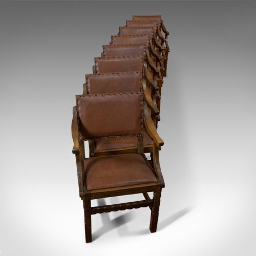 fig 5. Set of 8, Antique Dining Chairs, Oak, Seat, Arts & Crafts, Hamptons, Edwardian