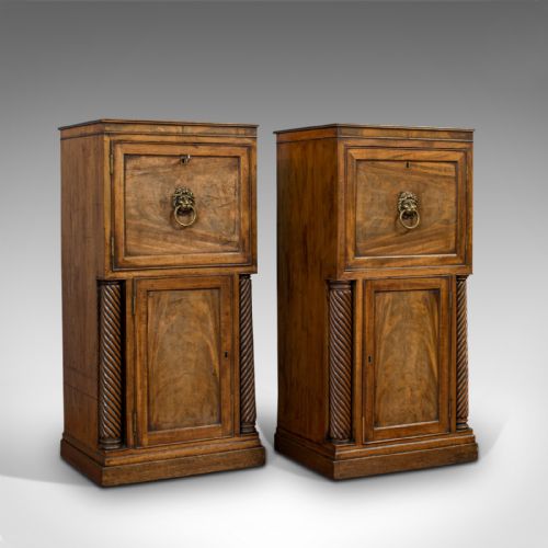 Tall, Antique, Pair Of, Side Cabinets, English, Mahogany, Nightstand, Regency