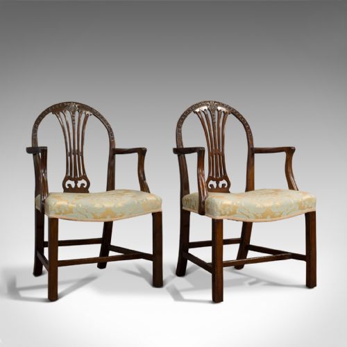 Pair Of, Antique Hepplewhite Revival Carvers, Mahogany, Arm Chair, Victorian
