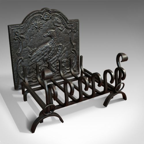 Antique Fireside Set, English, Fire Basket, Andirons, Back, Victorian, C.1900