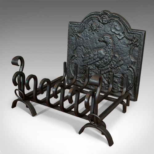 fig 1. Antique Fireside Set, English, Fire Basket, Andirons, Back, Victorian, C.1900