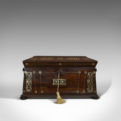 fig 1. Antique Tea Caddy, English, Rosewood, Thomas of London, Regency, C.1820