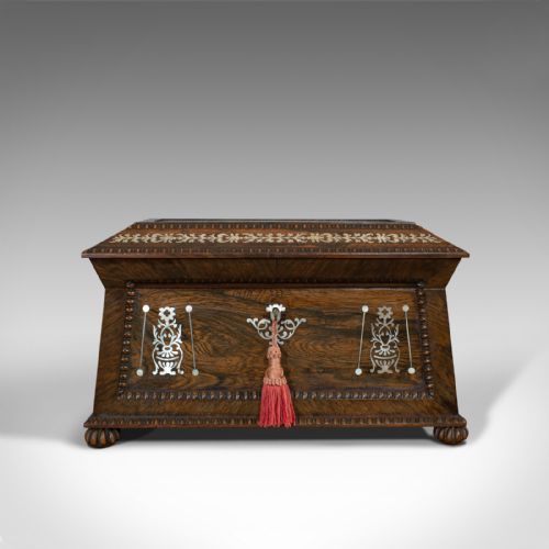 fig 1. Ornate Antique Tea Caddy, English, Rosewood, Sarcophagus, Regency, C.1820