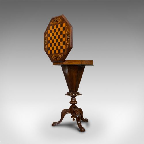 fig 1. Antique Trumpet Shape Games Table, Walnut, Chess Board, Sewing, Victorian, 1890