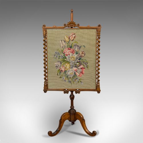 fig 1. Antique Adjustable Fire Screen, Walnut, Needlepoint, Decorative, Pole, Regency