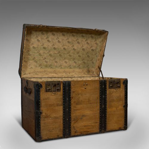 fig 1. Large Antique Trunk, English, Pine, Carriage Chest, Steamer, Victorian, C.1900