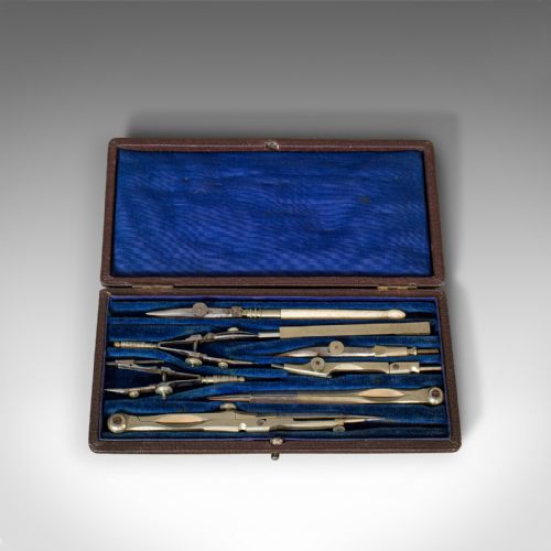 fig 1. Antique Drawing Instrument Set, English, Draughtsman's, Tools, Edwardian, 1910