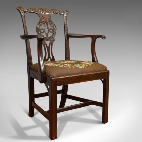 Antique Carver Chair, English, Mahogany, Needlepoint, Elbow, Chippendale Style