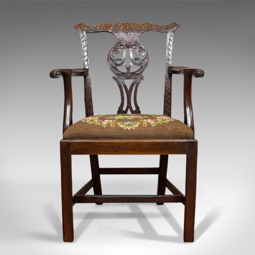 fig 1. Antique Carver Chair, English, Mahogany, Needlepoint, Elbow, Chippendale Style