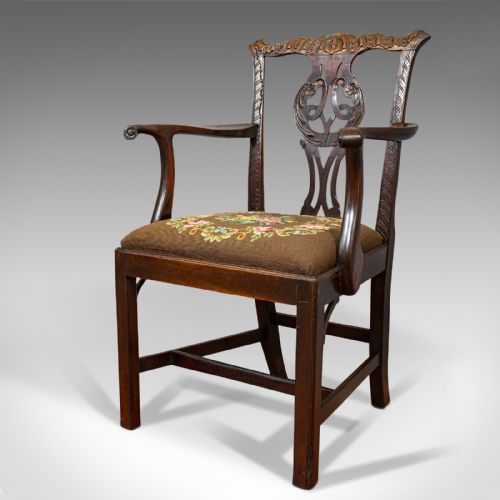 fig 2. Antique Carver Chair, English, Mahogany, Needlepoint, Elbow, Chippendale Style
