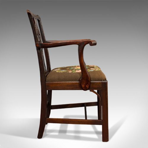 fig 3. Antique Carver Chair, English, Mahogany, Needlepoint, Elbow, Chippendale Style