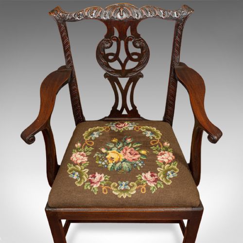 fig 5. Antique Carver Chair, English, Mahogany, Needlepoint, Elbow, Chippendale Style