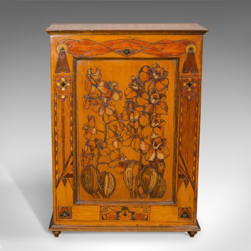 fig 1. Small Antique Smoker's Cabinet, English, Pokerwork, Caddy, Art Nouveau, C.1890