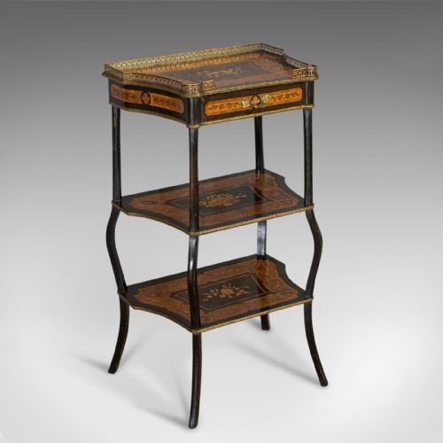 Antique Etagere, Italian, Mahogany, Boxwood, 3 Tier Whatnot, Victorian, C.1900