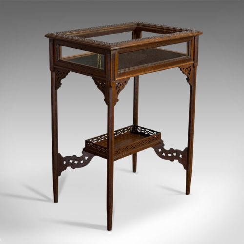Antique Bijouterie Table, English, Walnut, Glass, Display, Edwardian, Circa 1910