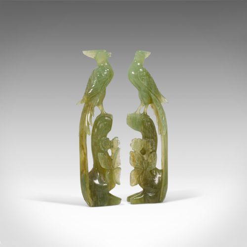 Pair Of, Antique Carved Figures, Oriental, Jade, Bird of Paradise, Victorian